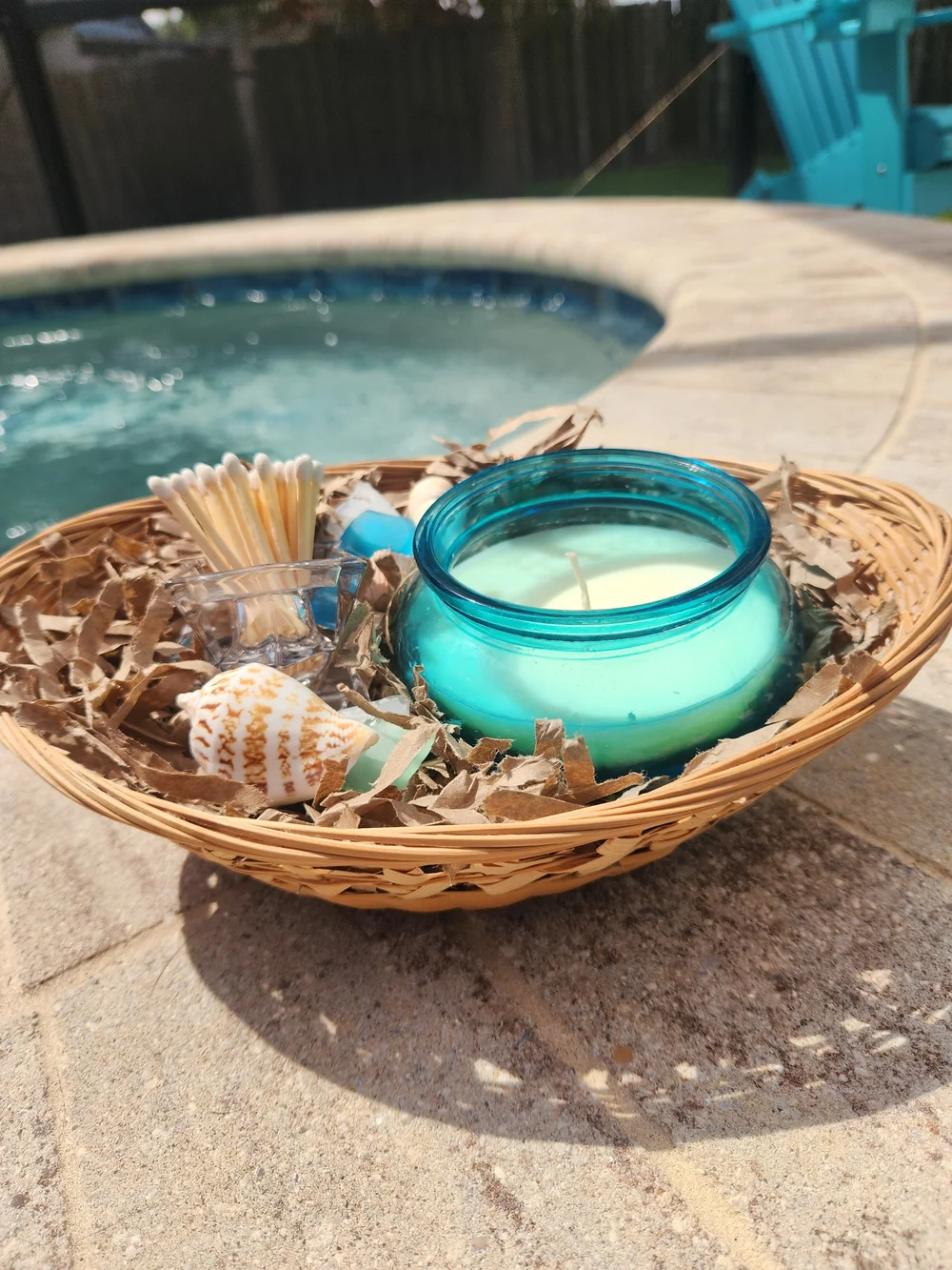 Coastal Decor Aqua Glass Candle Upcycled Vintage Matchstick Holder In Basket - Picture 1 of 5